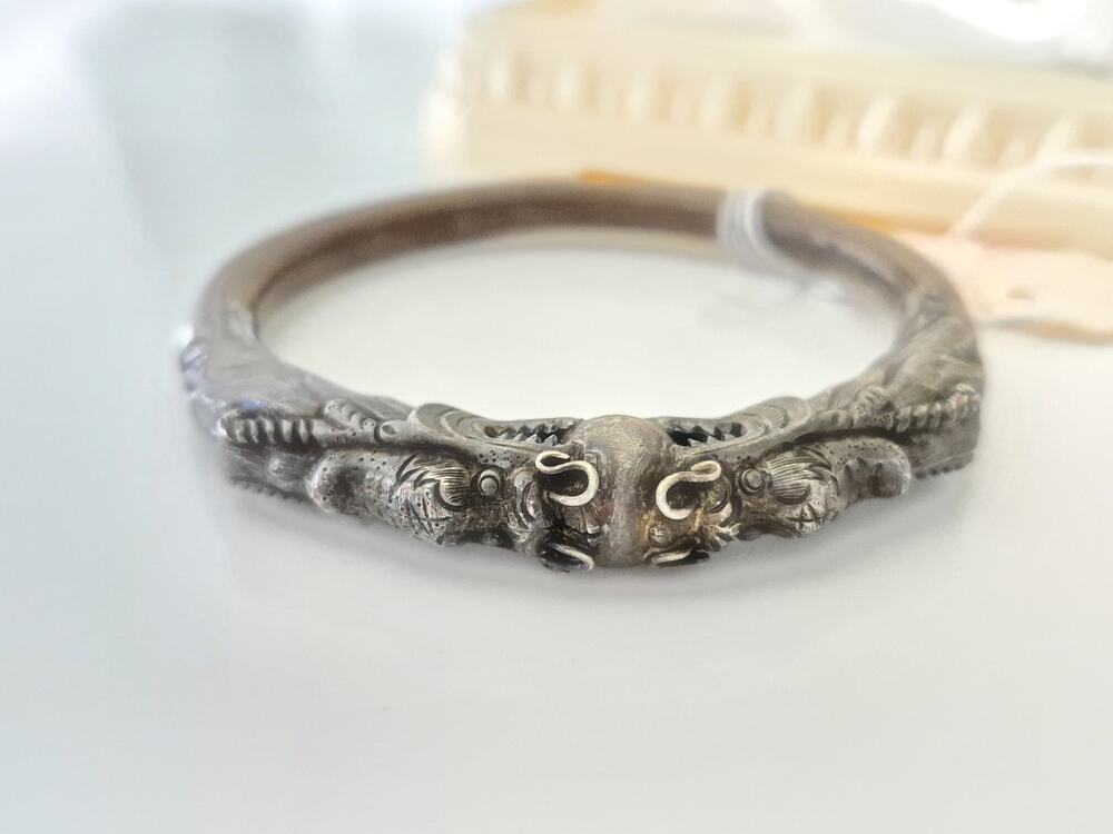 Vintage Sterling Silver & Bamboo Chinese Dragon Bangle Bracelet